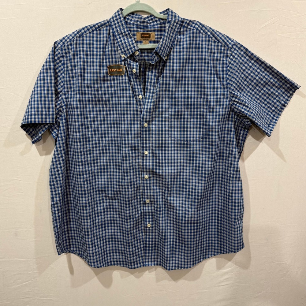 The Foundry Supply Co Mens 2XL Blue White Plaid Short Sleeve Easy Care Shirt